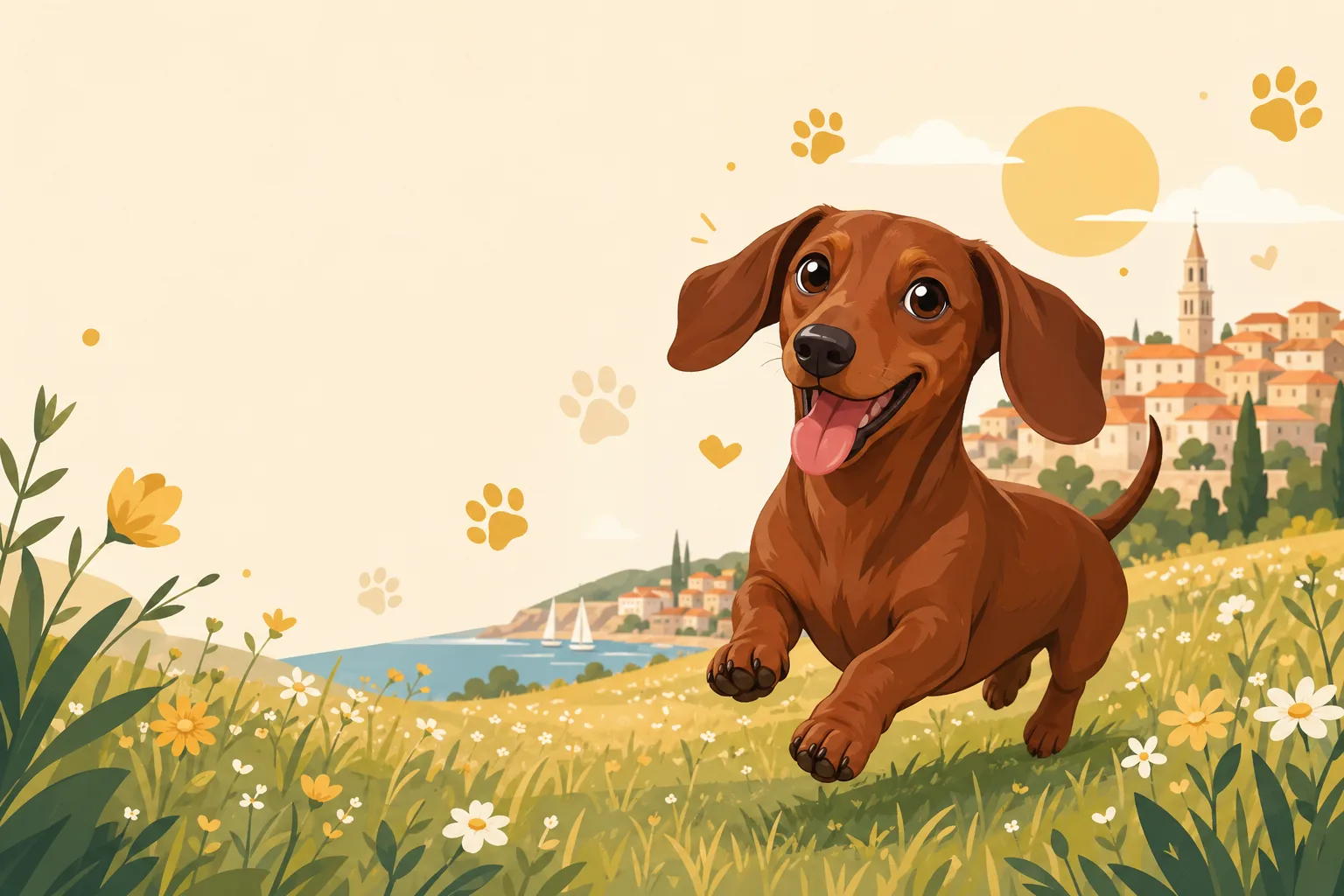 Dachshund running through a sunny meadow