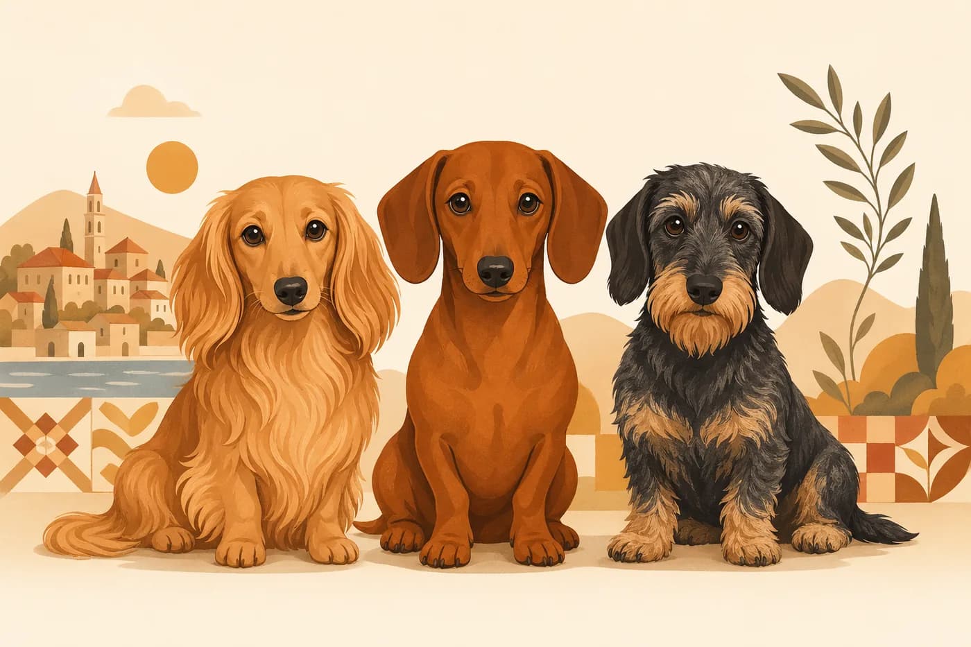 Three varieties of dachshund: long-haired, smooth-haired, wire-haired